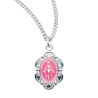 Pink Enameled Oval Fancy Edge Miraculous Medal Sterling Silver Pendant - 18 Inch Chain, Made in USA, Gift Box Included