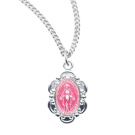 Sterling Silver Pink Enameled Oval Fancy Edge Miraculous Medal, Catholic Gift, Made in USA