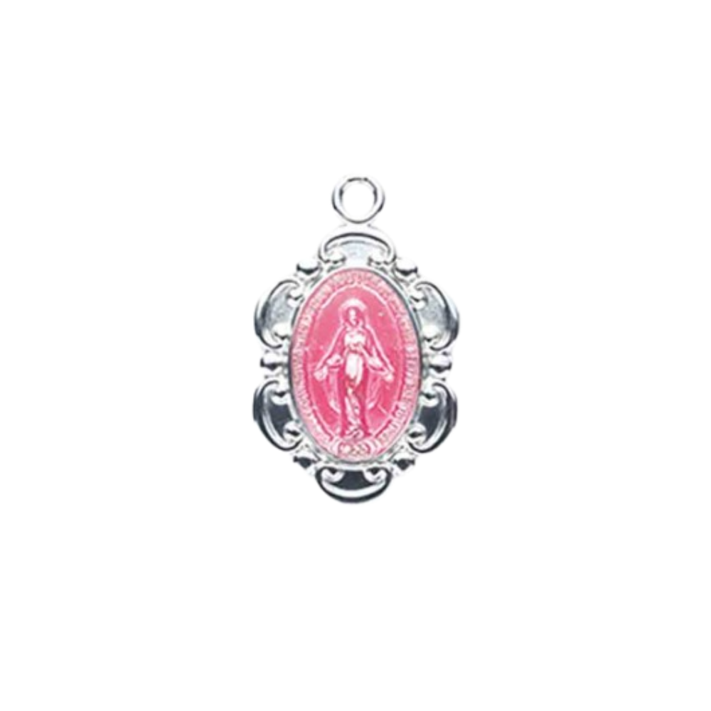 Pink Enameled Oval Fancy Edge Miraculous Medal Sterling Silver Pendant - 18 Inch Chain, Made in USA, Gift Box Included
