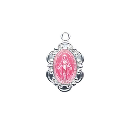 Pink Enameled Oval Fancy Edge Miraculous Medal Sterling Silver Pendant - 18 Inch Chain, Made in USA, Gift Box Included