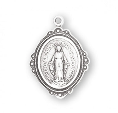 Miraculous Medal Sterling Silver CZ Pendant — 18" Chain, Gift Box Included