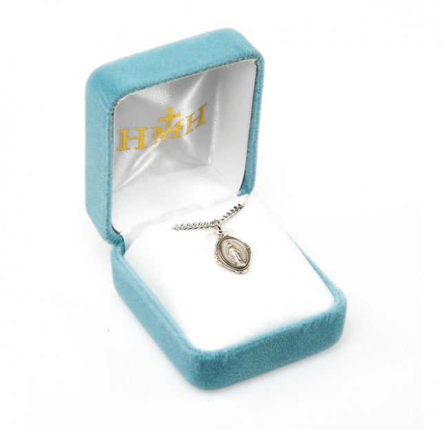 Miraculous Medal Sterling Silver CZ Pendant — 18" Chain, Gift Box Included