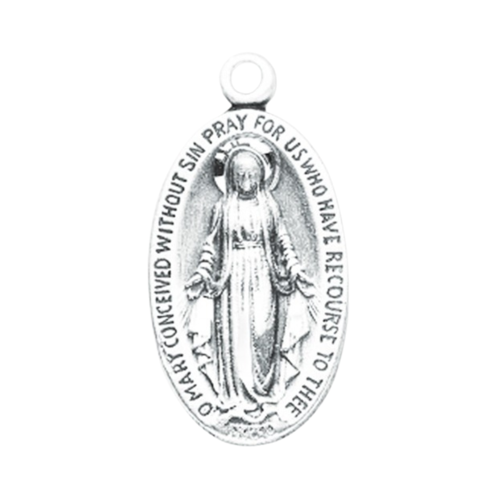 Miraculous Medal Sterling Silver Oval Pendant — 18" Chain, Gift Box Included