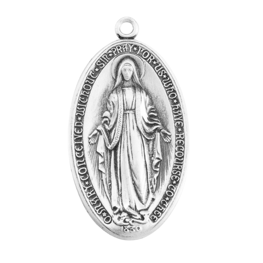 Miraculous Medal Sterling Silver Oval Pendant — 24" Chain, Gift Box Included
