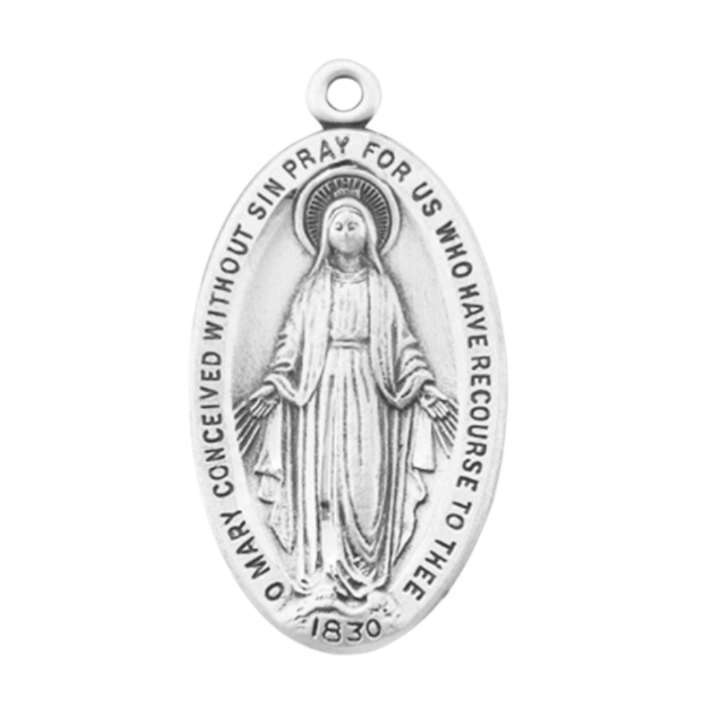 Miraculous Medal Sterling Silver Oval Pendant — 24" Chain, Gift Box Included