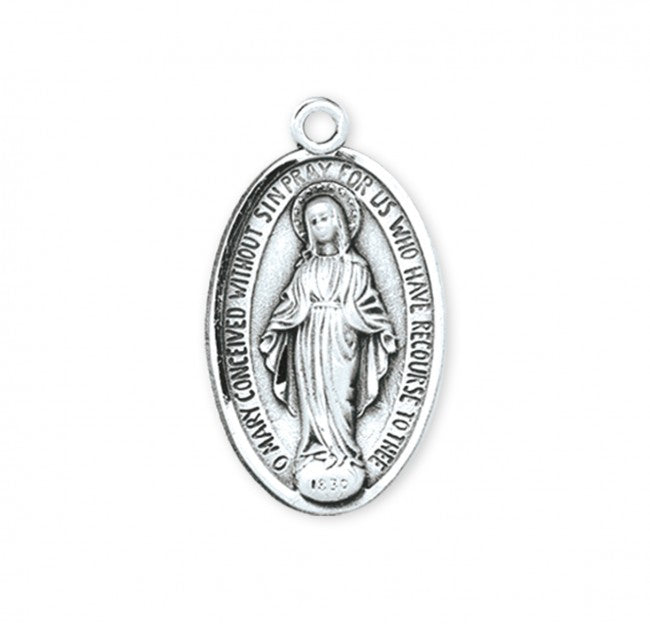 Miraculous Medal Sterling Silver Oval Pendant — 24" Chain, Gift Box Included