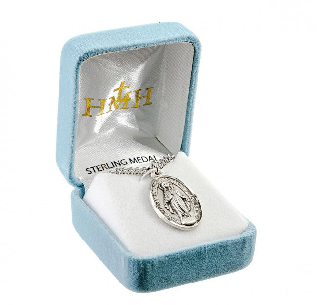 Miraculous Medal Sterling Silver Oval Pendant — 24" Chain, Gift Box Included