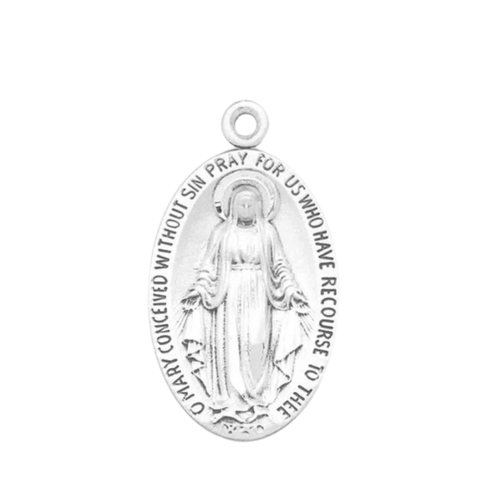 Miraculous Medal Sterling Silver Oval Pendant — 24" Chain, Made in USA, Gift Box