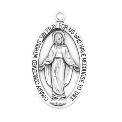 Miraculous Medal Sterling Silver Oval Pendant — 24" Chain, Gift Box Included