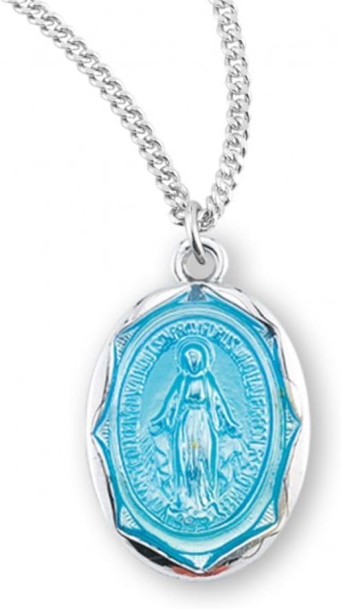 Sterling Silver Oval Blue Enameled Miraculous Medal, Catholic Gift, Made in USA