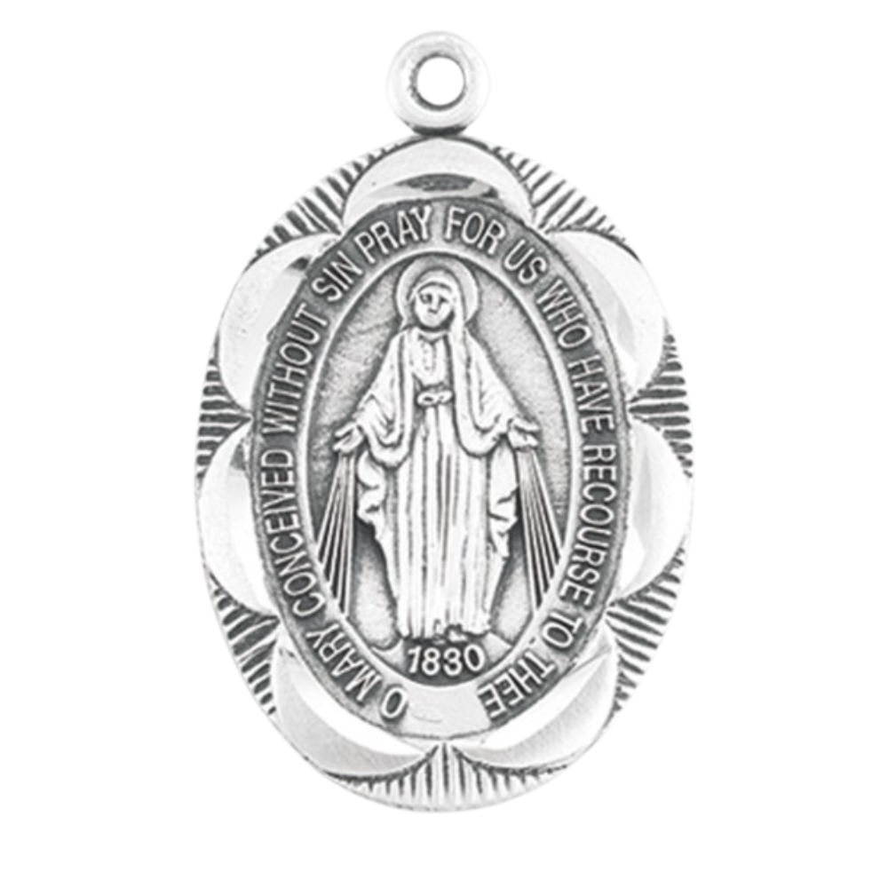 Miraculous Medal Sterling Silver Oval Fancy Edge Pendant — 18" Chain, Gift Box