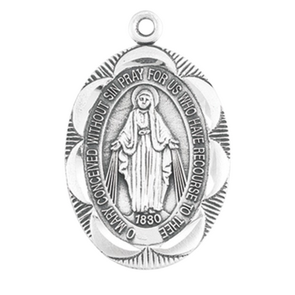 Miraculous Medal Sterling Silver Oval Fancy Edge Pendant — 18" Chain, Gift Box
