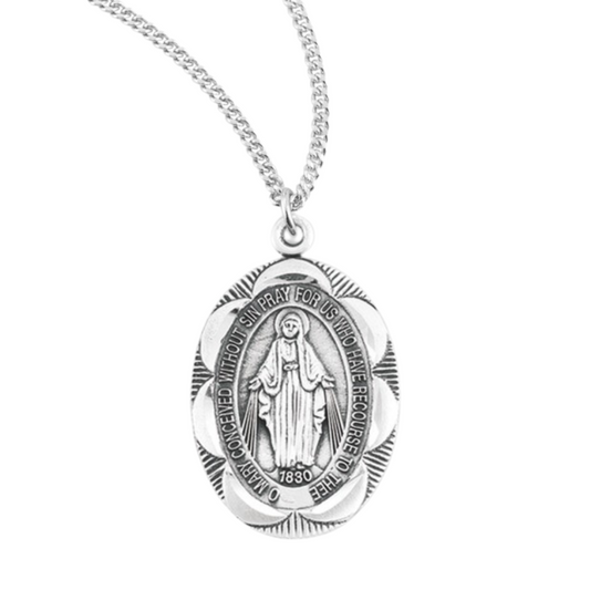 Sterling Silver Oval Fancy Edge Miraculous Medal, Catholic Gift, Made in USA