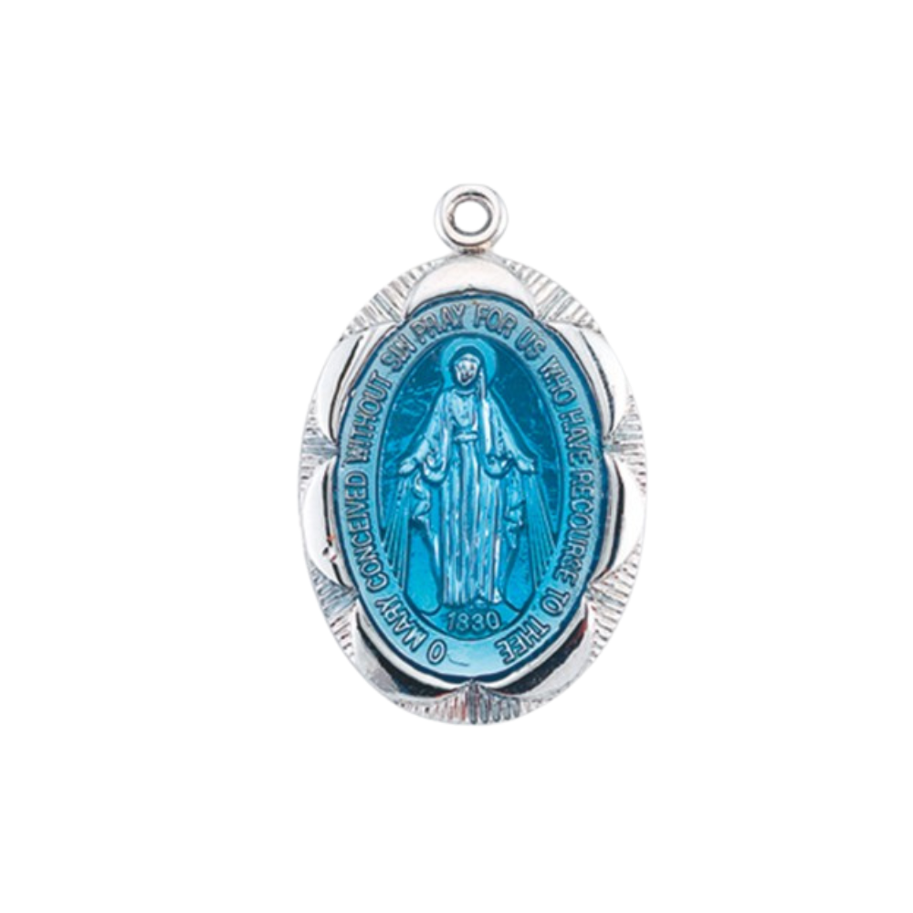 Miraculous Medal Blue Enameled Sterling Silver Necklace — 18" Chain, Gift Box