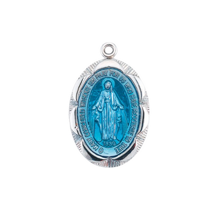 Miraculous Medal Blue Enameled Sterling Silver Necklace — 18" Chain, Gift Box
