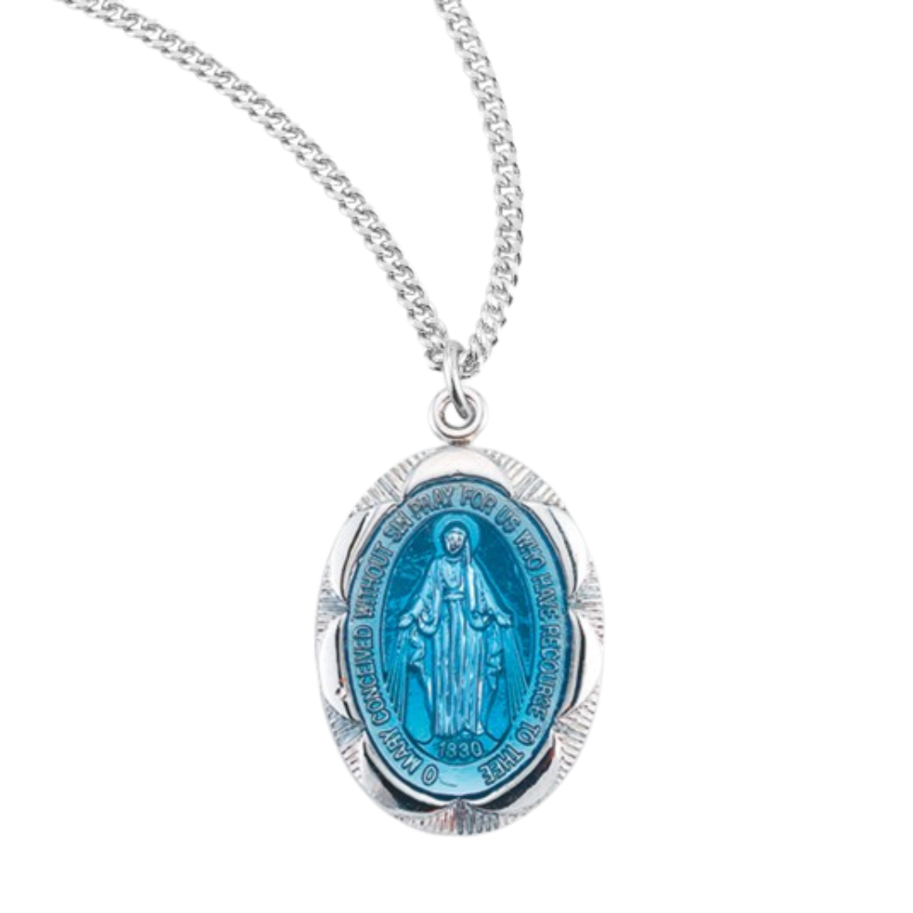 Sterling Silver Oval Blue Enameled Fancy Edge Miraculous Medal, Catholic Gift, Made in USA