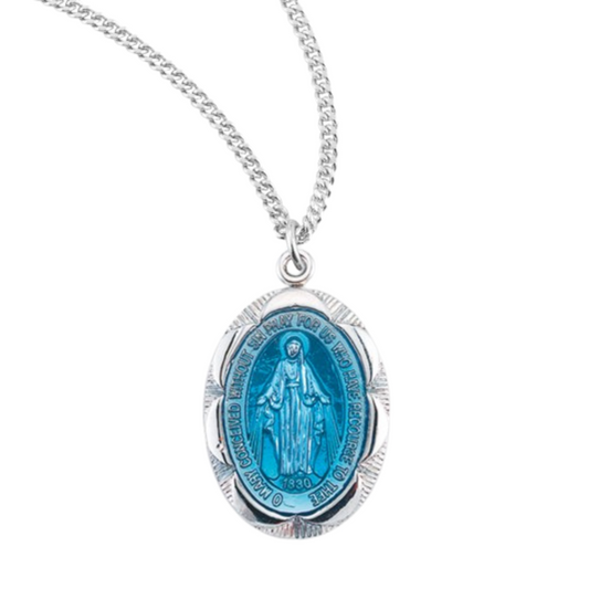 Sterling Silver Oval Blue Enameled Fancy Edge Miraculous Medal, Catholic Gift, Made in USA