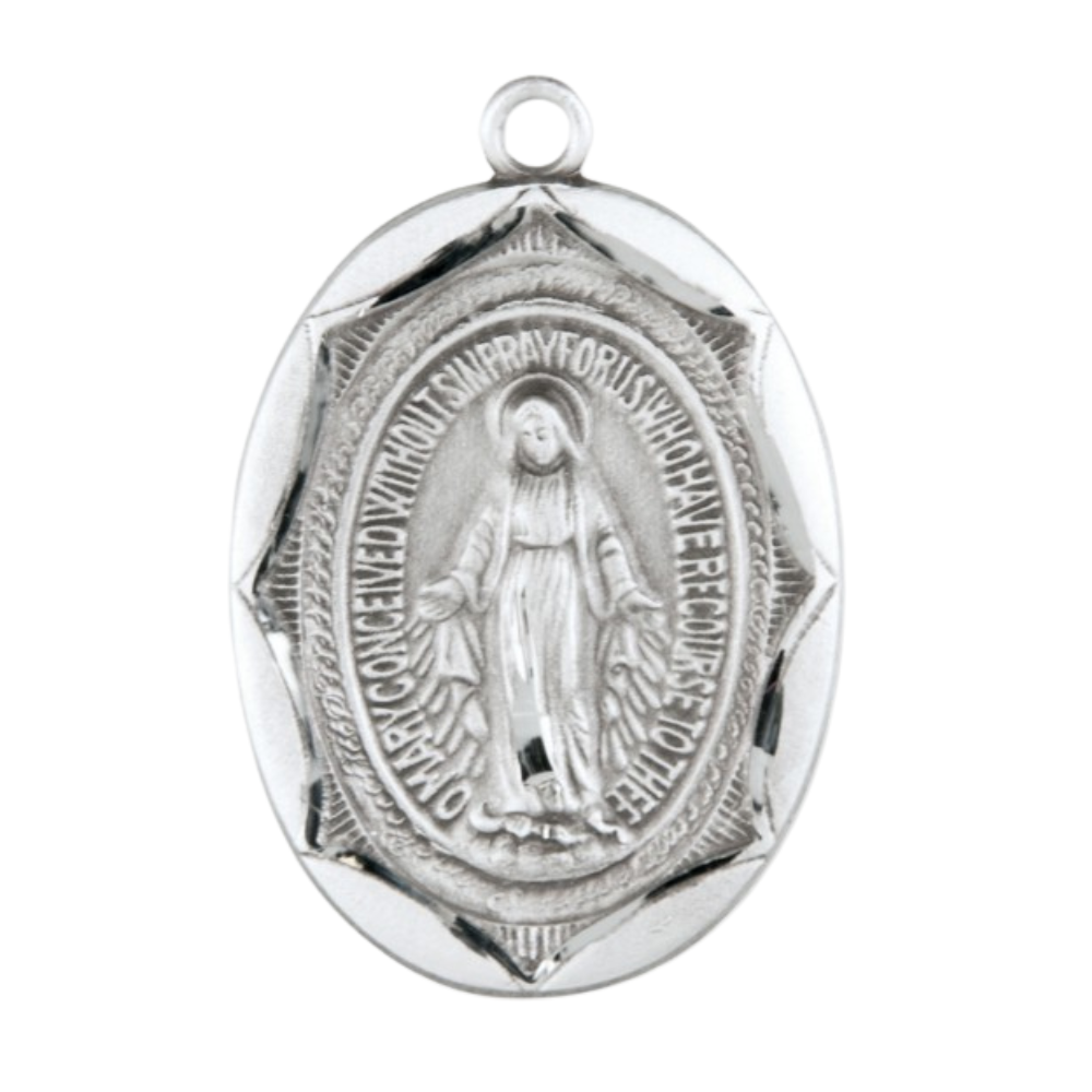 Miraculous Medal Sterling Silver Oval Pendant — 24" Chain, Gift Box Included
