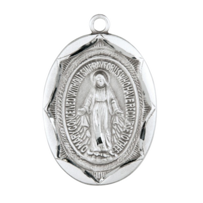 Miraculous Medal Sterling Silver Oval Pendant — 24" Chain, Gift Box Included