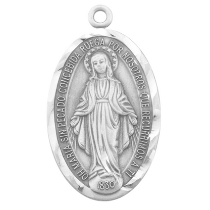 Spanish Oval Miraculous Medal Sterling Silver Pendant — 24" Chain, Gift Box