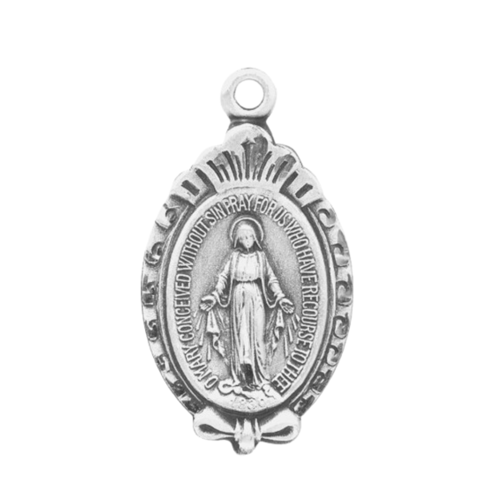 Miraculous Medal Sterling Silver Scroll Border Necklace — 18" Chain, Gift Box
