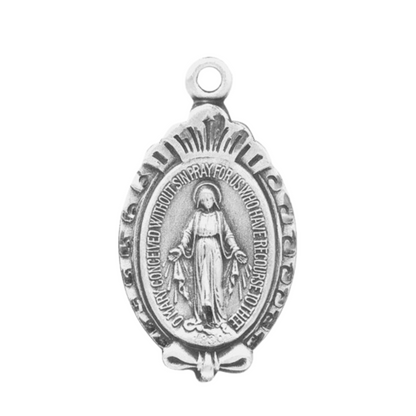 Miraculous Medal Sterling Silver Scroll Border Necklace — 18" Chain, Gift Box