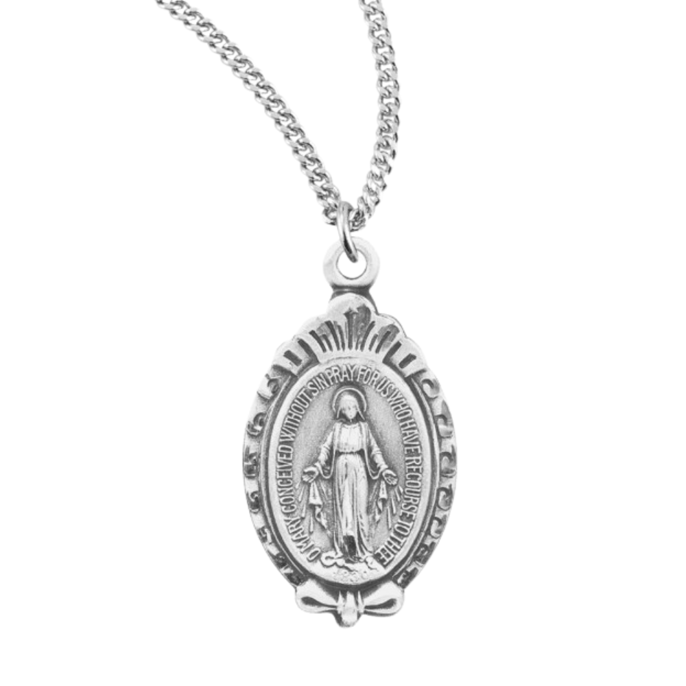 Sterling Silver Miraculous Medal with a Scroll Border, Catholic Gift, Made in USA