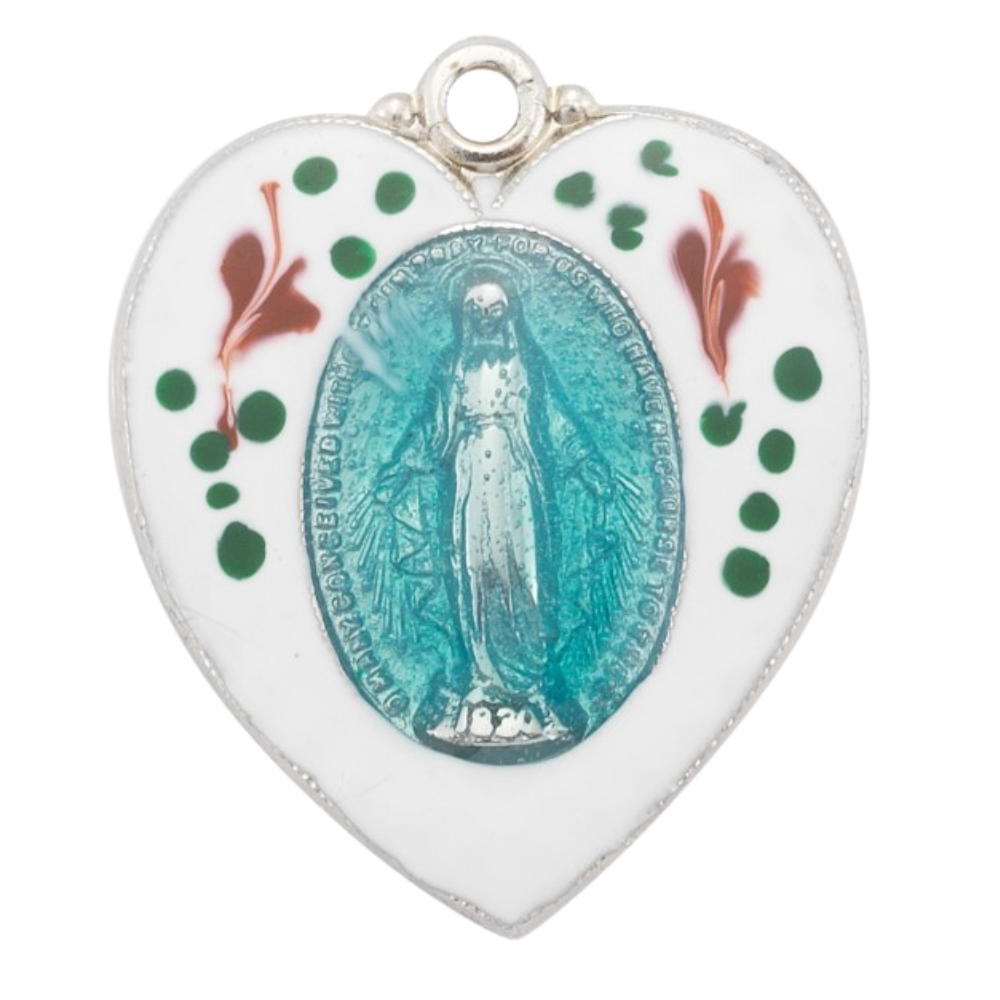 Miraculous Medal Sterling Silver Blue Enameled Heart Necklace — 18" Chain