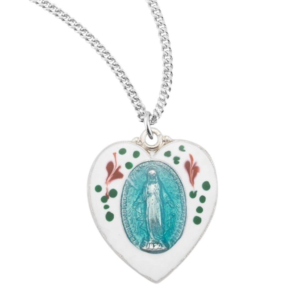 Sterling Silver Flower Enameled Heart Shape Miraculous Medal, Catholic Gift, Made in USA