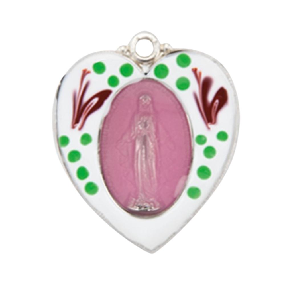 Miraculous Medal Sterling Silver Heart Pendant — 18" Chain, Made in USA, Gift Box