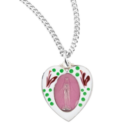 Sterling Silver Flower Enameled Heart Shape Miraculous Medal, Catholic Gift, Made in USA