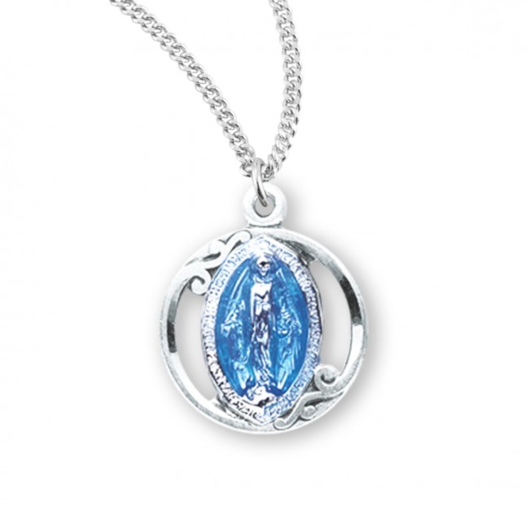 Sterling Silver Blue Enameled Miraculous Medal, Catholic Gift, Made in USA