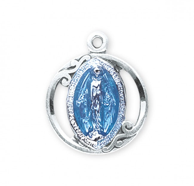 Blue Enameled Miraculous Medal Sterling Silver Pendant — 18" Chain, Gift Box