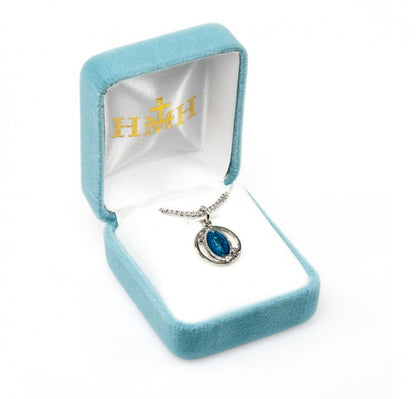 Blue Enameled Miraculous Medal Sterling Silver Pendant — 18" Chain, Gift Box