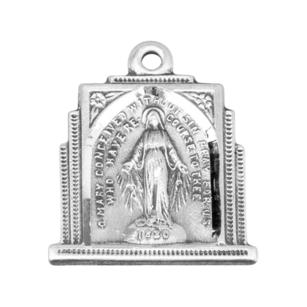 Miraculous Medal Sterling Silver Square Pendant — 18" Chain, Gift Box Included