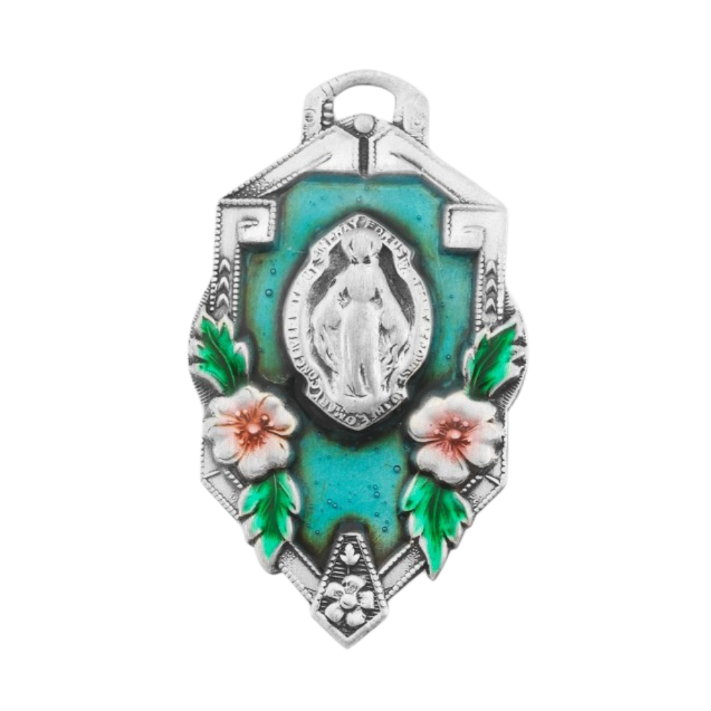 Miraculous Medal Sterling Silver Flower Frame Pendant — 18" Chain, Gift Box