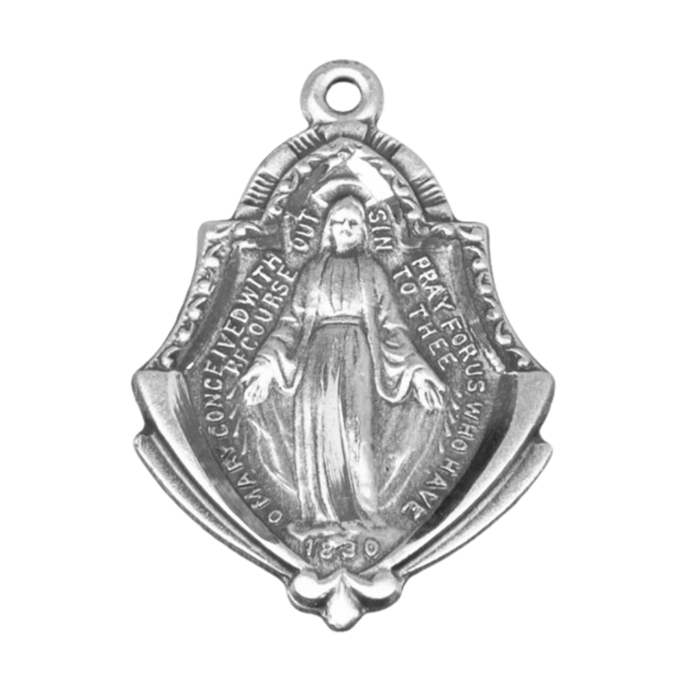Miraculous Medal Sterling Silver Art Deco Pendant — 18" Chain, Gift Box Included
