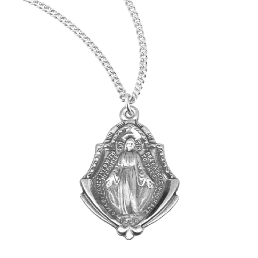 Sterling Silver Miraculous Medal with Art Deco Border, Catholic Gift, Made in USA