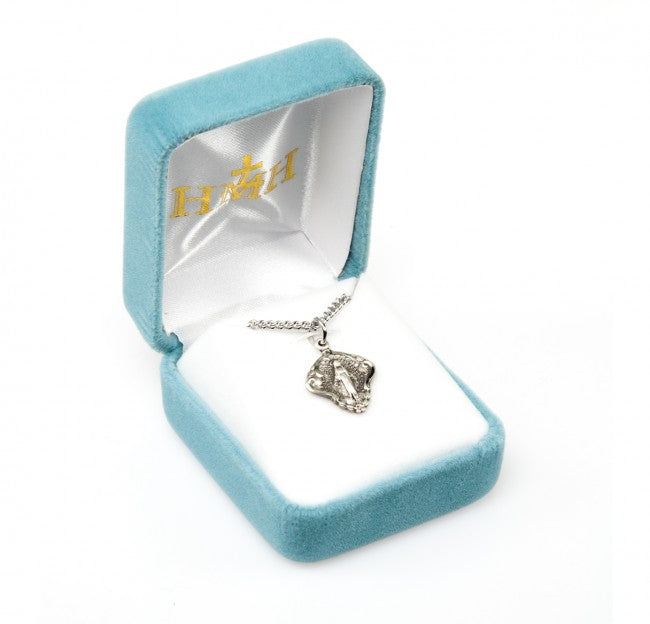Blessed Mother Mary Sterling Silver Medal Pendant with Aqua CZs — 24" Chain