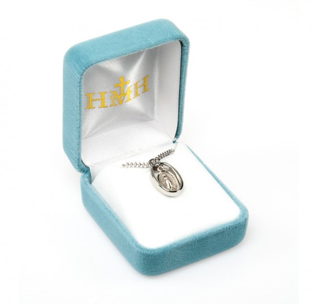 Miraculous Medal Sterling Silver Oval Pendant — 18" Chain, Gift Box Included