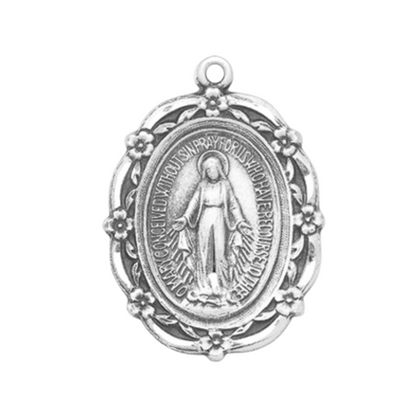 Miraculous Medal Sterling Silver Oval Pendant — 24" Chain, Gift Box Included