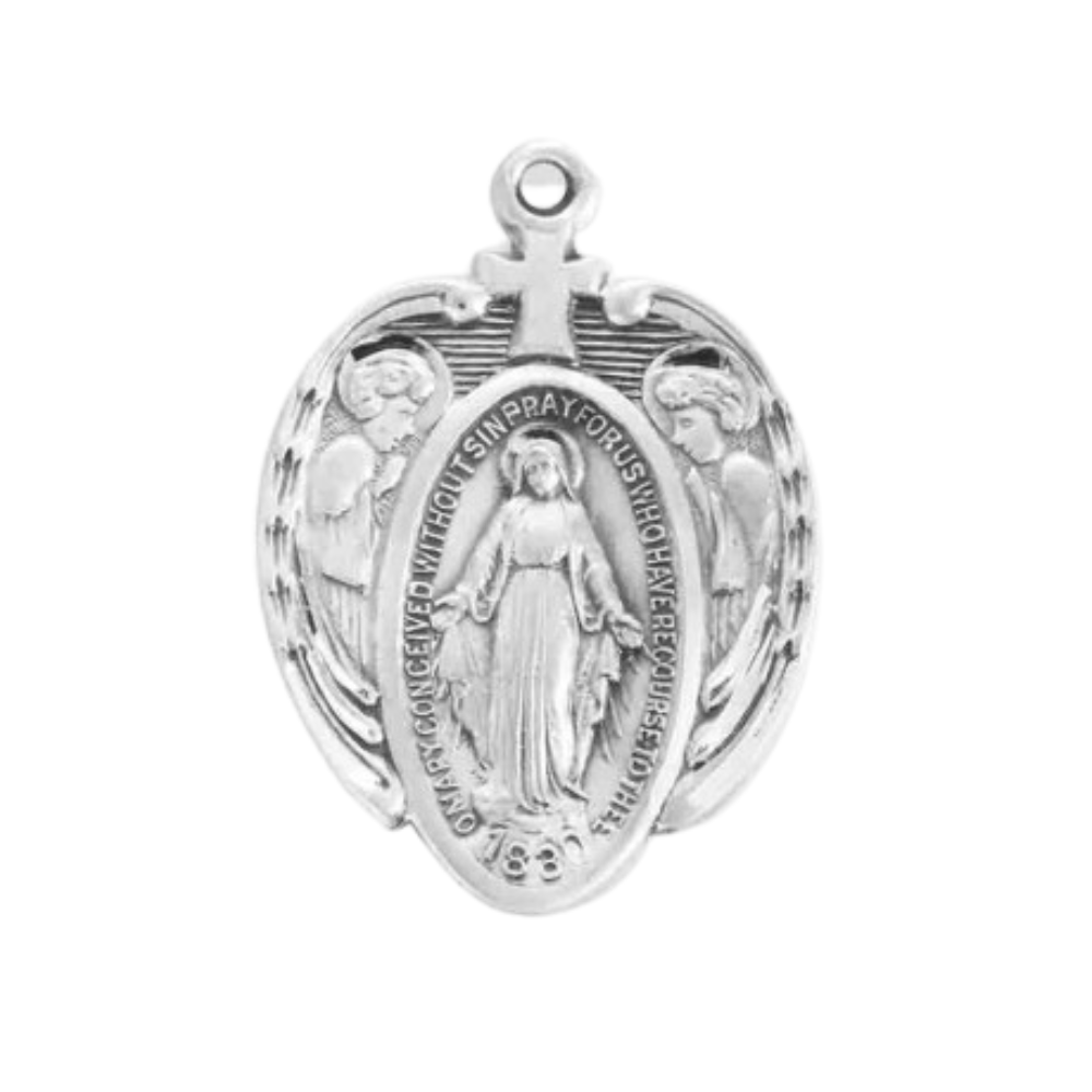 Miraculous Medal Sterling Silver Angel Wing Pendant — 24" Chain, Gift Box