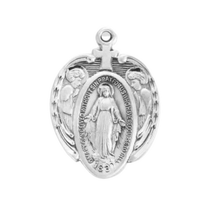 Miraculous Medal Sterling Silver Angel Wing Pendant — 24" Chain, Gift Box