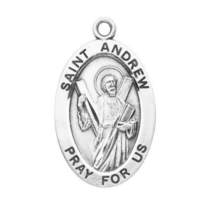 Saint Andrew Sterling Silver Oval Medal Necklace — 24" Chain, Gift Box Included