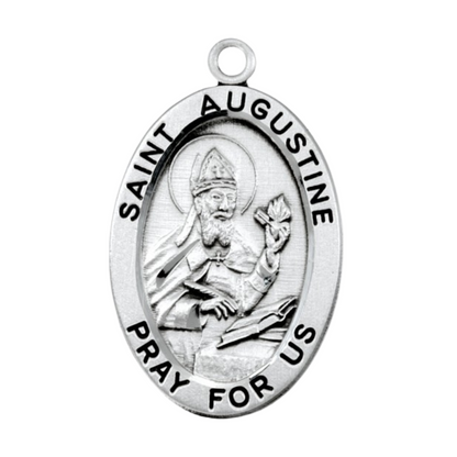 Saint Augustine Sterling Silver Oval Medal — 24" Chain, Made in USA, Gift Box