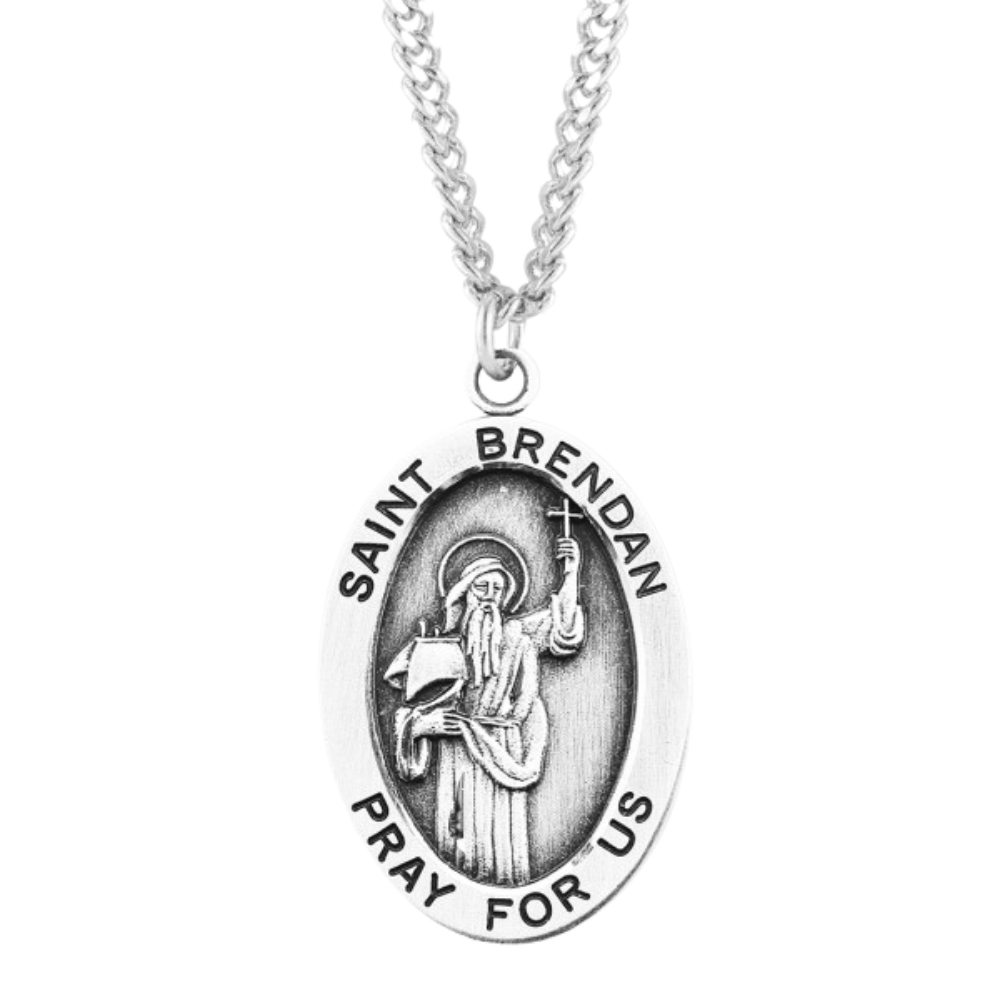 Sterling Silver Large Oval St. Brendan Medal, 24" Endless Rhodium Plated Stainless Steel Chain, Made in USA- Deluxe Velvet Gift Box Included