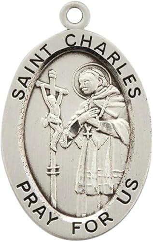 Saint Charles Sterling Silver Oval Medal Pendant — 24" Chain, Made in USA
