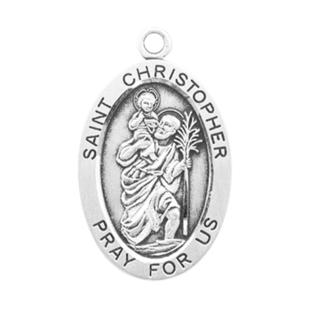 Saint Christopher Sterling Silver Oval Medal Necklace — 24" Chain, Made in USA