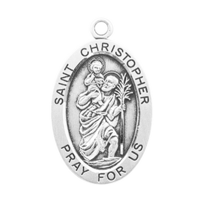Saint Christopher Sterling Silver Oval Medal Necklace — 24" Chain, Made in USA