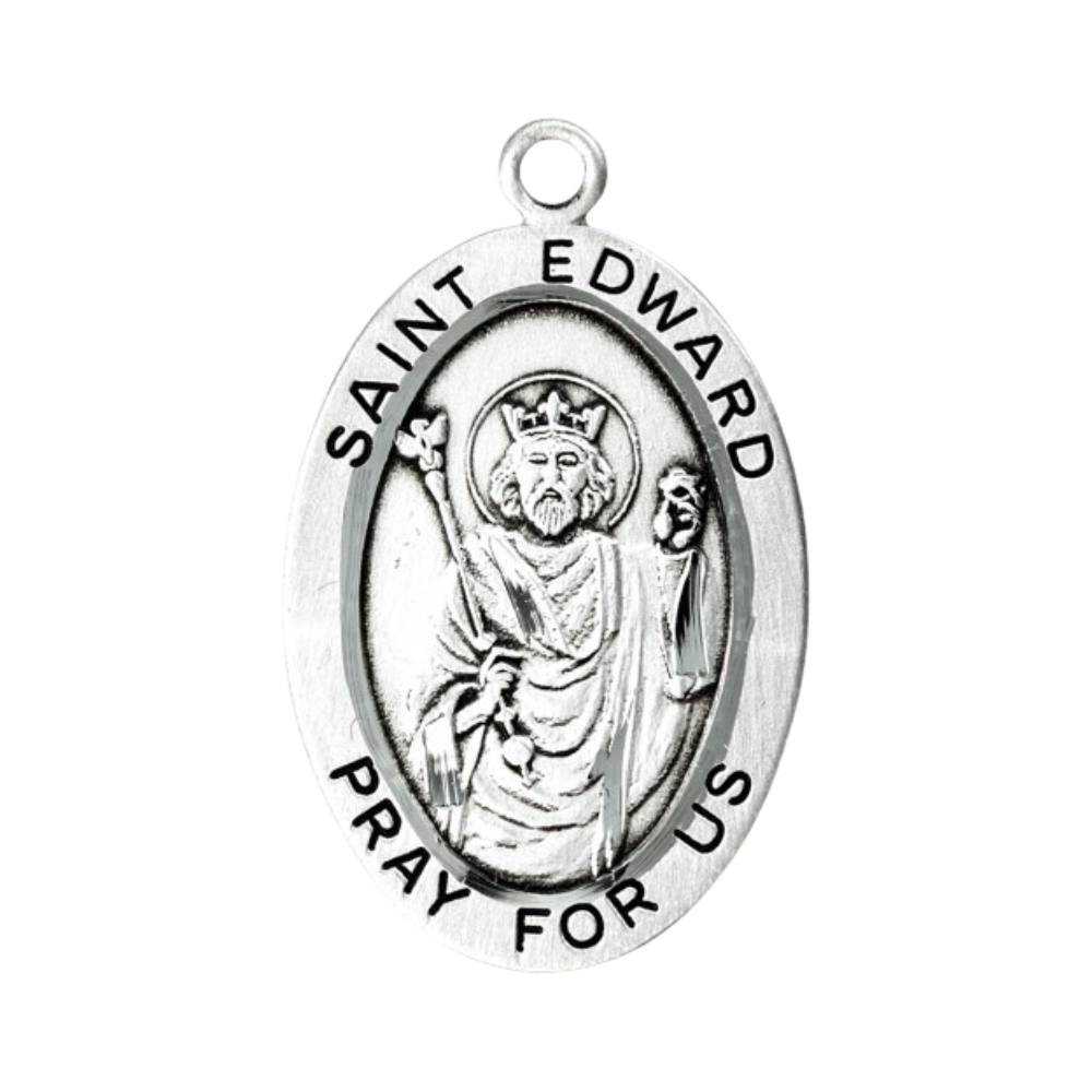 Saint Edward Sterling Silver Oval Medal Necklace — 24" Chain, Gift Box Included